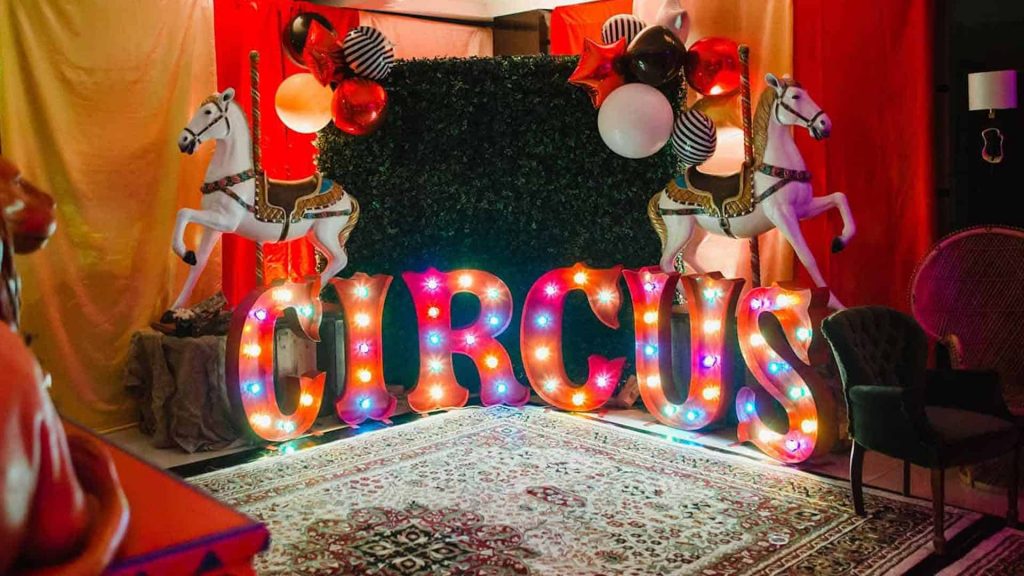 Dubai event company supplied circus props and set design used to decorate event as part of our venue transformation service. Available to hire in Dubai and Internationally
