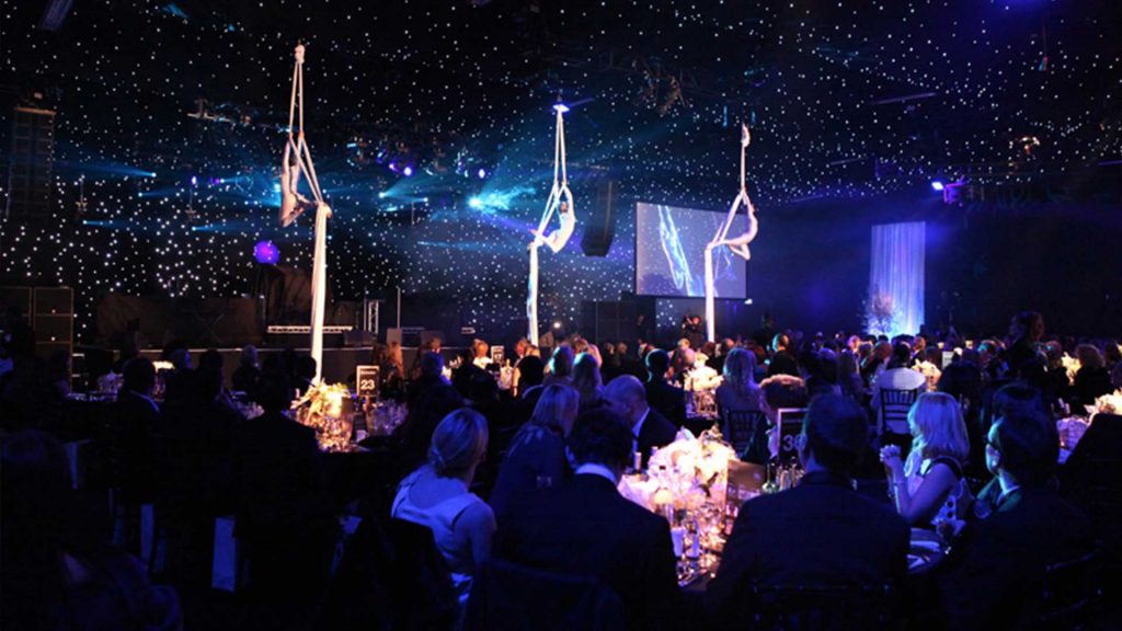Event agency in Kuwait supplied silk rope acrobatic performers hired for entertainment at corporate celebratory gala dinner event