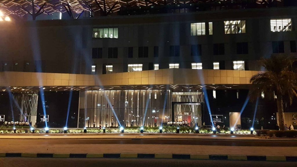 Event agency in Kuwait supplied bespoke lighting for hotel in Kuwait. Providing uplighting as well as a drone light display