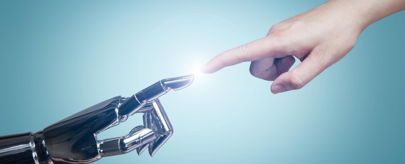 Artificial intelligence robot touching fingertips with a human hand