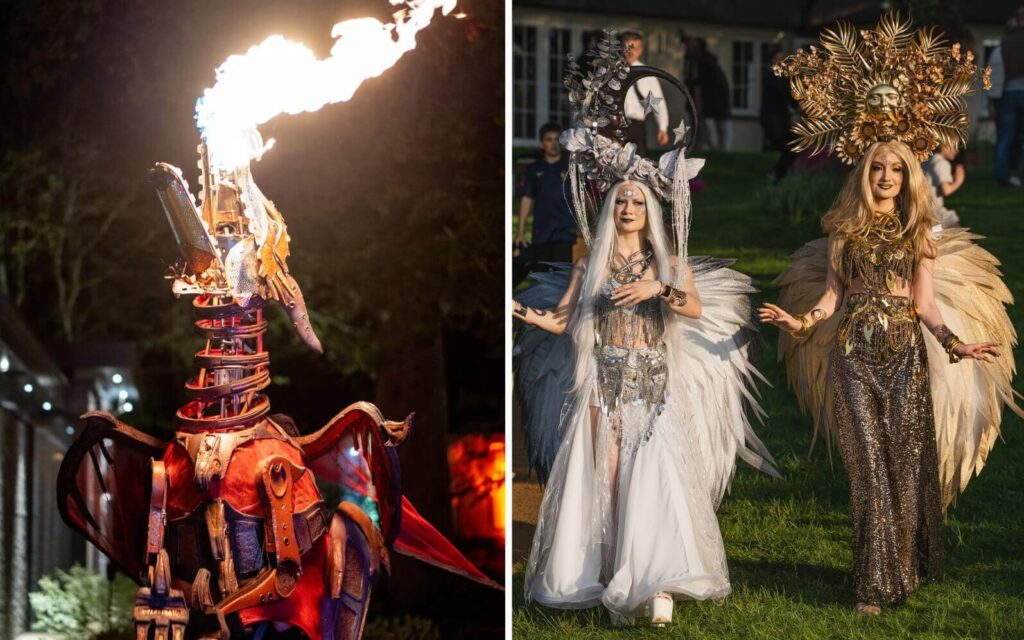 a mechanical fire breathing dragon and two elegant angel walkers.
