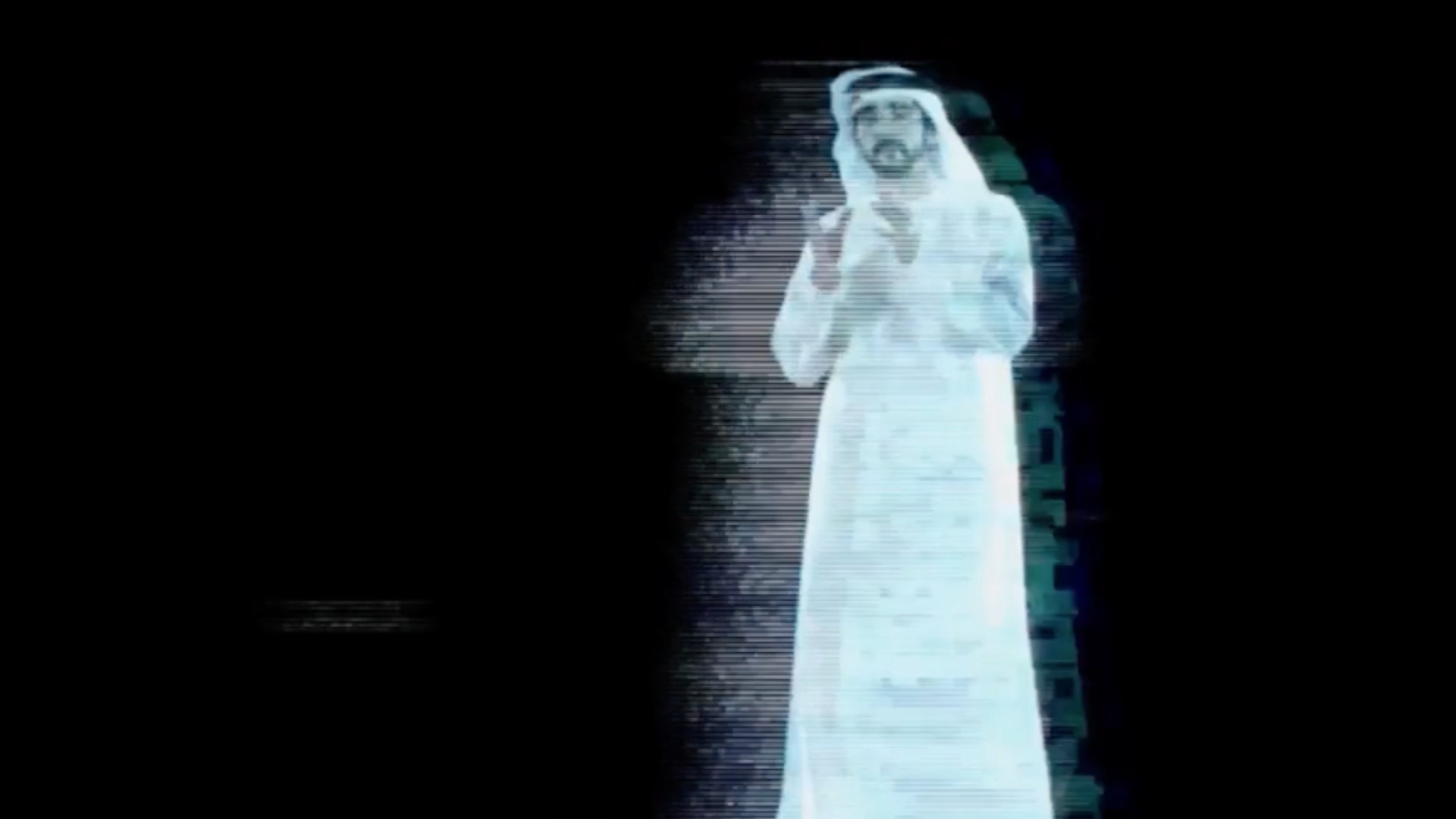 Saudi Arabian hologram of a man in authentic white dress.