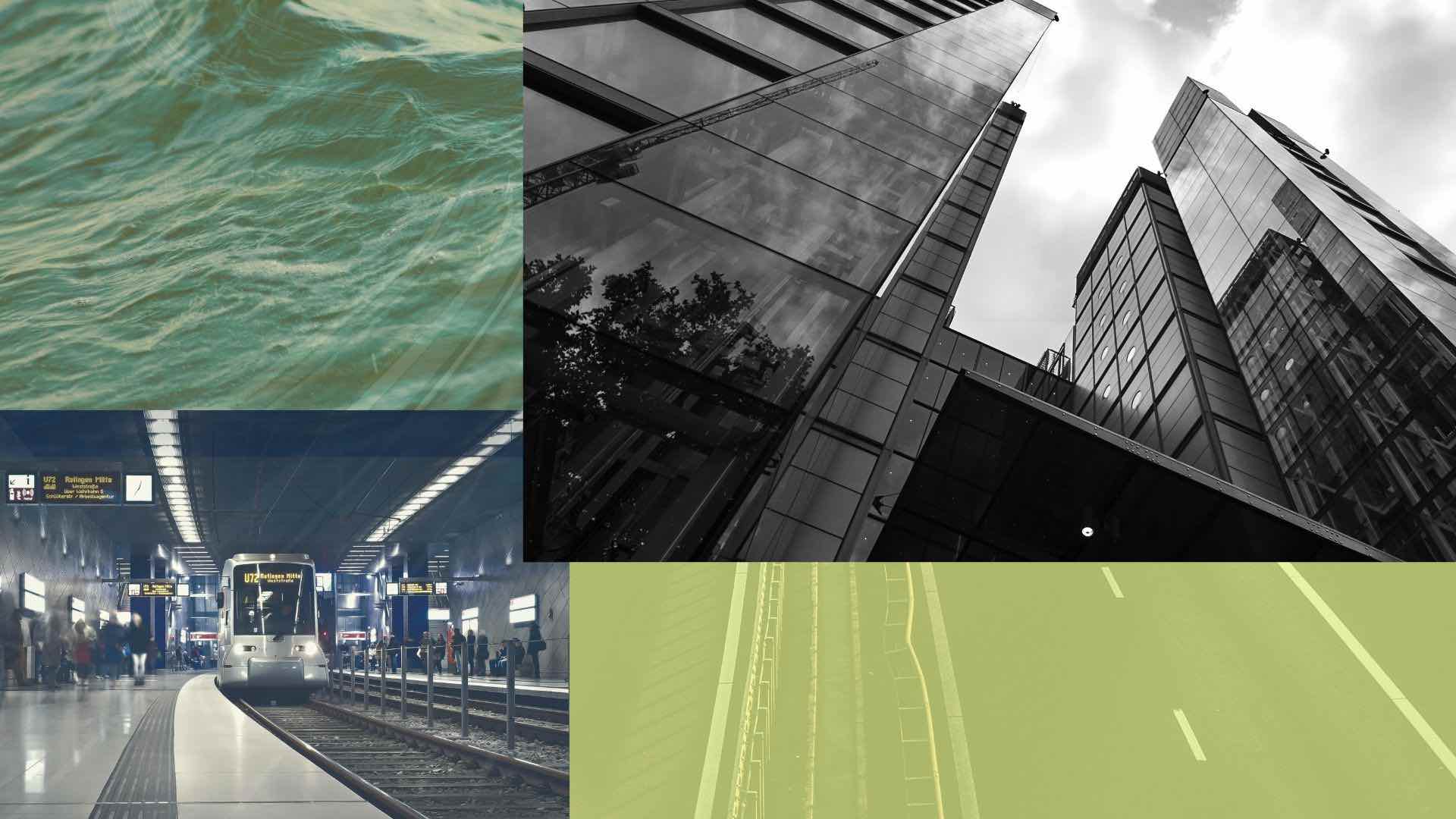 Metro train with skyscraper, sea and road depicting Kuwai's projects to expand their infrastructure.