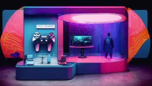 Virtual gaming exhibition stand in bold colours with console.
