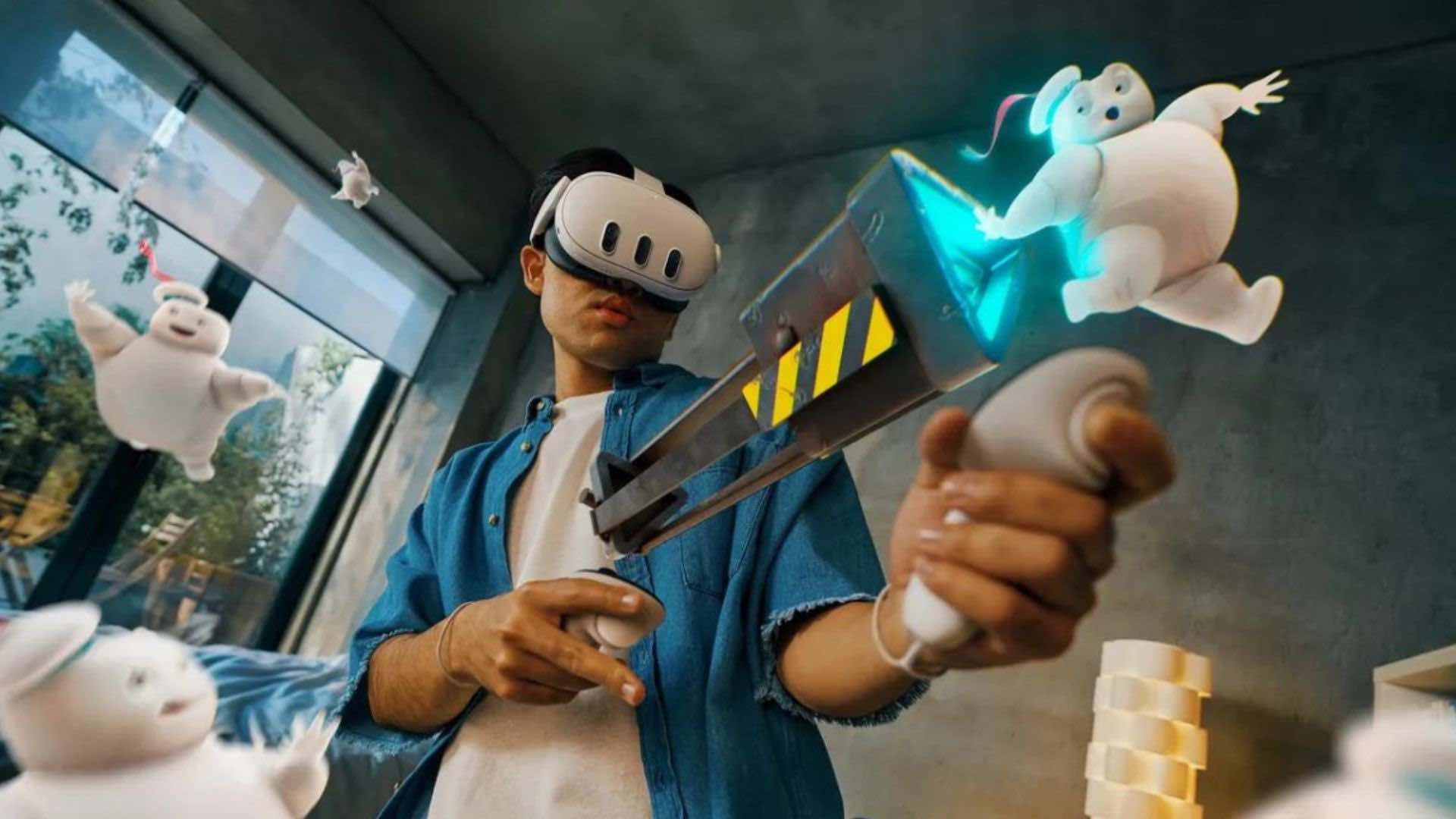 A person playing a virtual reality shooting game featuring ghosts with headset.