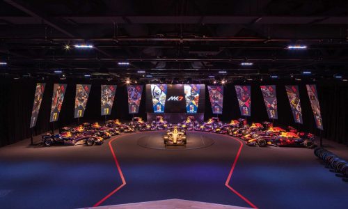 Red bull F1 cars lined up with custom banners behind. We provided full event management and event production for this Red bull F1 launch